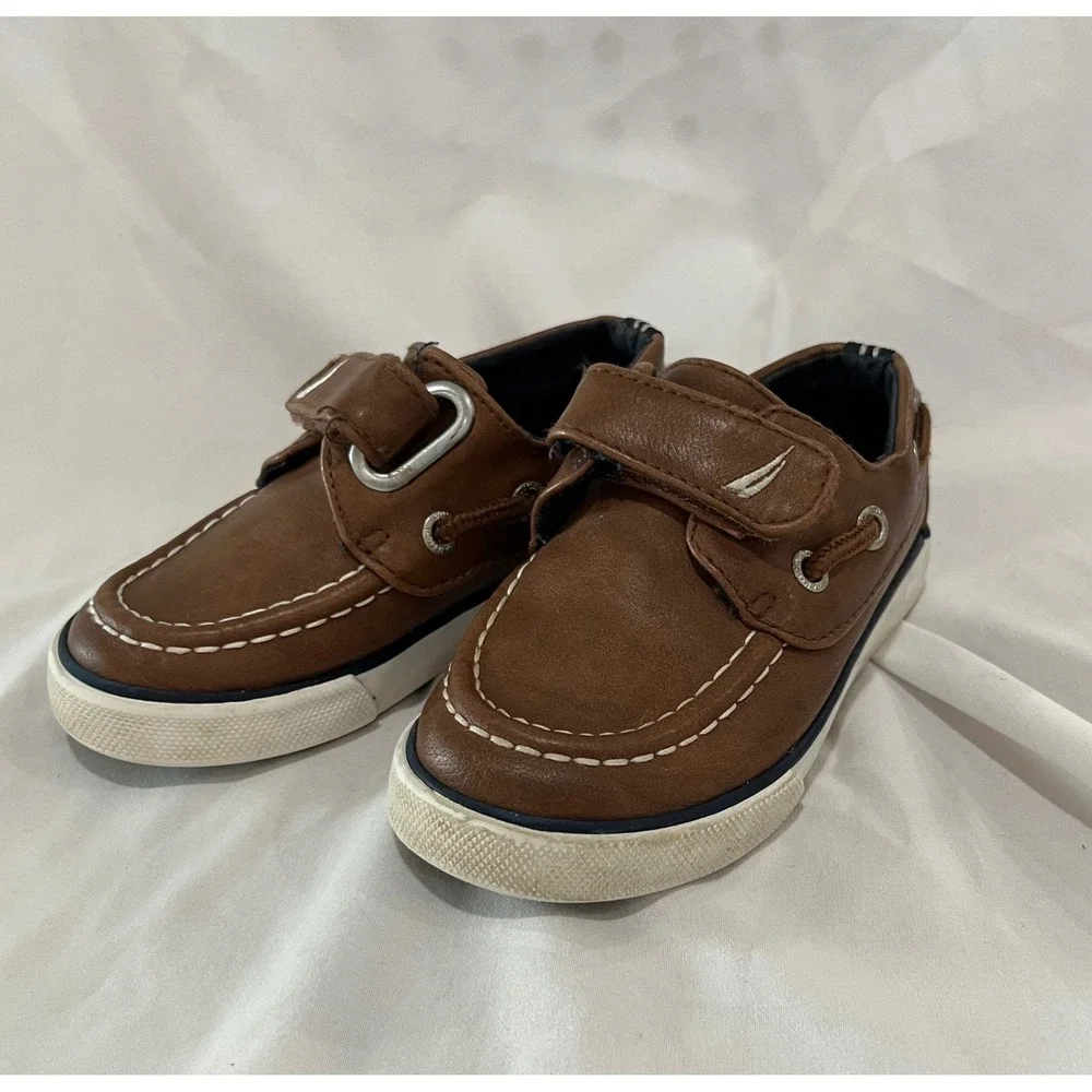 Nautica Little River Kids Brown Leather Boat Shoes Hook‎ and Loop Size 7 Toddler